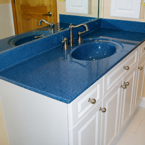 Project Archive bath modern bathroom with blue countertop and mirror.webp