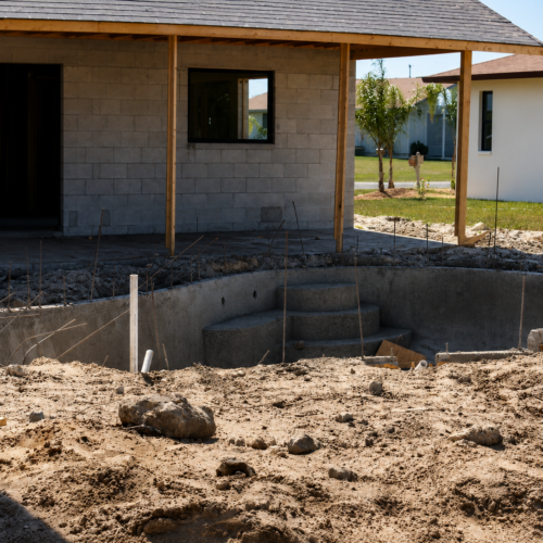 Project Archive outdoor construction site with unfinished pool and house