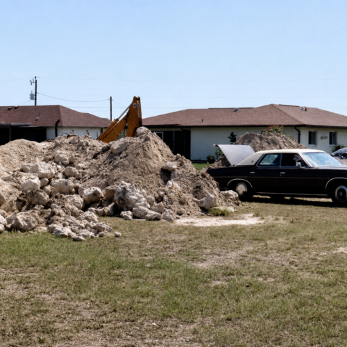 Project Archive outdoor suburban construction yard with vintage car